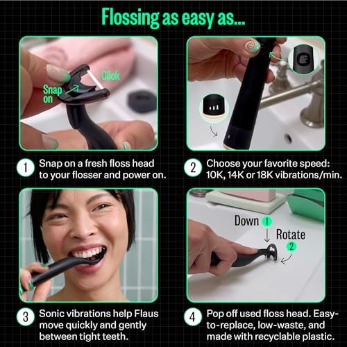 FLAUS Electric Flosser (Shark Tank) 3 Speeds + 45 Refill Heads w/Gentle Gliding Floss for Sensitive Gum Care - Water Flosser Alternative, Dentist Recommended Tooth Flossers, Eco Dental Floss Picks