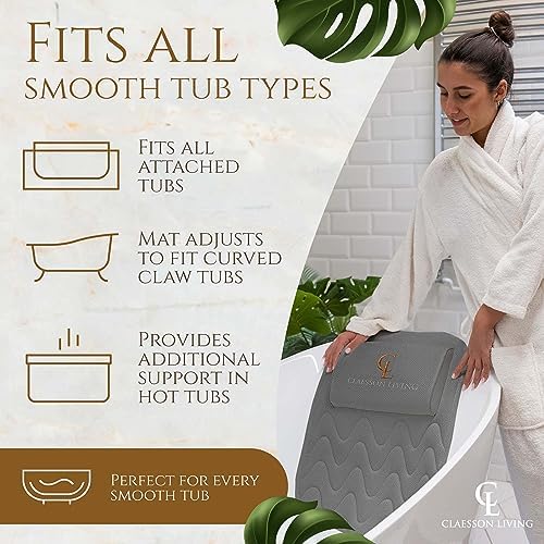 Full Body Bath Pillow (17'' x 49'') - Bathtub Cushion with Headrest Supports Neck, Back and Legs - Free Hanging Hooks for Fast Drying Over Tub - Includes Washing and Travel Bags - Gray