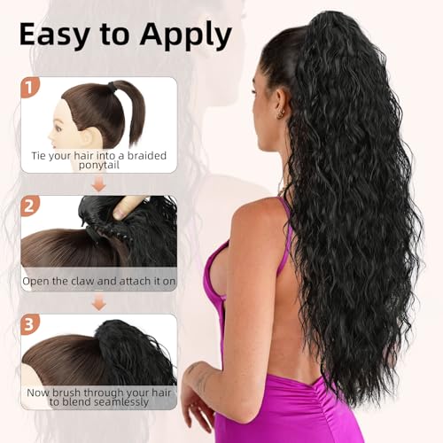Lommel Ponytail Extension, Claw Clip Ponytail Extension for Women Long Wavy Pony Tails Hair Extensions Fluffy Natural Looking Synthetic 26 Inch Clip in Ponytail Hairpiece for Daily Use (Brown Black)