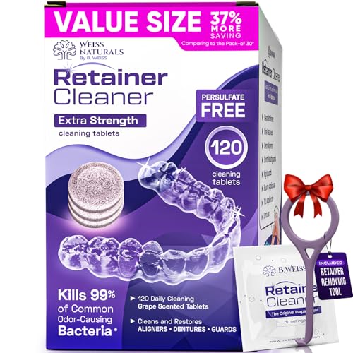 Weiss Naturals Retainer Cleaner Tablets, Invisalign Cleaner, Remove Stains, Odors & Plaque, FSA & HSA Eligible, PERSULFATE FREE Night Guard & Denture Cleaner 4-Month Supply, 120 Grape Scented Tablets