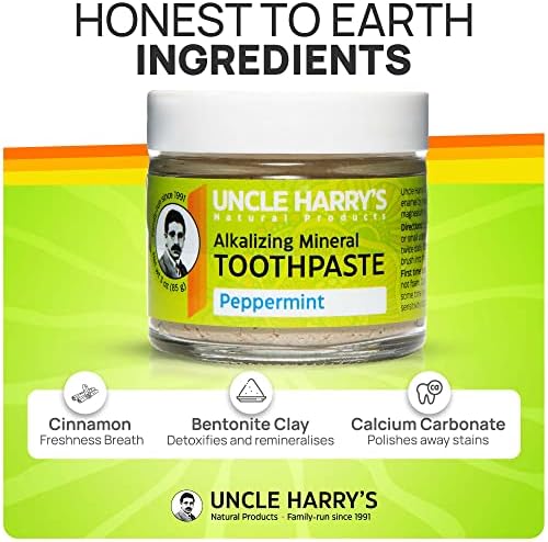 Uncle Harry's Natural & Fluoride-free Remineralizing Toothpaste - Freshens Breath & Strengthens Enamel - Peppermint (4 pack, 3 oz. jar)