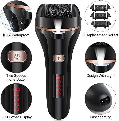 Electric Foot File Callus Remover, Rechargeable Pedicure Tools Foot Care Kit, Callus Remover for Feet with 3 Roller Heads,2 Speed for Remove Cracked Heels Calluses and Hard Skin