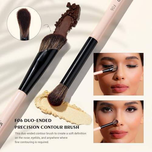 Jessup Face Makeup Brushes 3pcs Double Ended Makeup Brush Set for Foundation Contour Blush Highlight and Powder, Premium Synthetic Make up Brushes Peach Dust T508