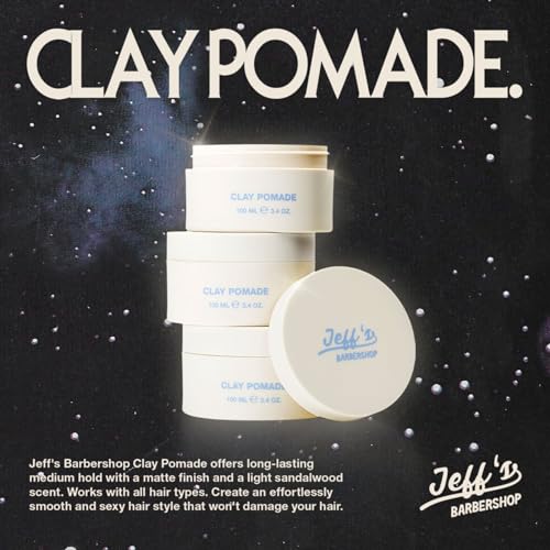 Jeff's Barbershop Clay Pomade, Sandalwood - Medium Hold, Matte Finish Hair Styling Cream Wax with Natural Beeswax & Castor Oil (3.4 fl oz/100ml)