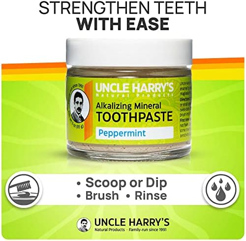 Uncle Harry's Natural & Fluoride-free Remineralizing Toothpaste - Freshens Breath & Strengthens Enamel - Peppermint (4 pack, 3 oz. jar)