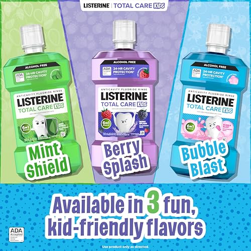 Listerine Total Care Kids Mouthwash, ADA Accepted, Alcohol-Free Anticavity Sodium Fluoride Mouthwash, Oral Rinse for Cavity Protection, Berry Splash Flavor for Kids Oral Care, 16.9 Oz, 6-Pack