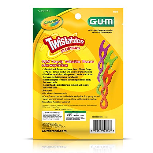 GUM Crayola Twistables Kids Flossers with Fluoride - Designed for Little Hands - Three Fun Fruit Flavors - Easy to Use Kids Floss Picks for Children Ages 3+, 90 ct (4pk)