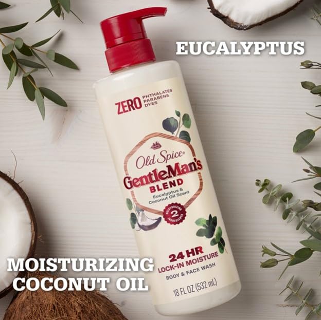 Old Spice GentleMan's Exfoliating & Moisturizing Body Wash for Men, 24/7 Shower Fresh with Long Lasting Scent, Renewing Vitamin B3 Blend, Eucalyptus + Coconut Oil Scent, 18 oz (Pack of 4)