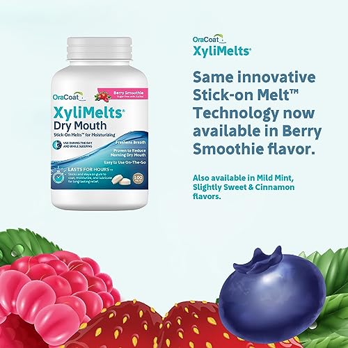 Oracoat XyliMelts for Dry Mouth Night Time or Day - Moisturizing Dry Mouth Adhering Discs, Sugar Free with Xylitol, 100 Count, Berry Smoothie Flavor, 8-Hour Relief