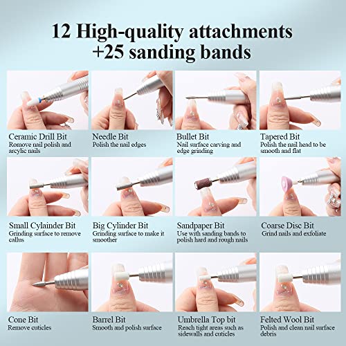 Electric Nail Drill Cordless, TOUCHBeauty Electric Nail File Machine Professional 12 in 1 for Acrylic Gel Nails, Manicure Pedicure Kit for Polishing Rechargeable (Silver)