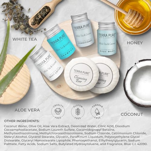 Terra Pure White Tea & Coconut Amenity & Accessory Kit |1oz Travel Size Shampoo, Conditioner, Lotion, Body Wash, 2 Cleansing Bars, Shave & Dental Sets, Make-Up Remover Wipes, & Vanity Kit | 60 Boxes