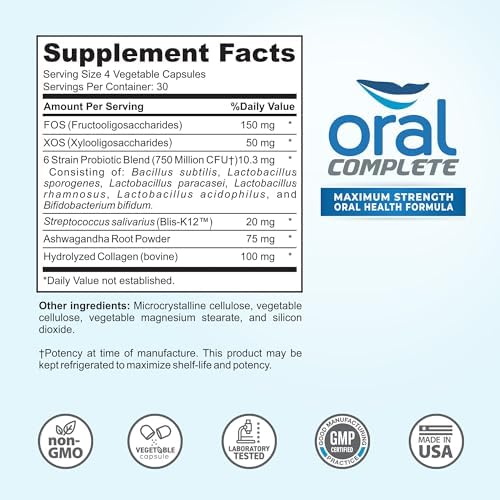 Oral Complete 11-in-1 Dental Probiotics, Bad Breath Treatment Halitosis Tonsil Stone with Non-GMO with BLIS K12, Ashwagandha and Collagen, 120 Capsules