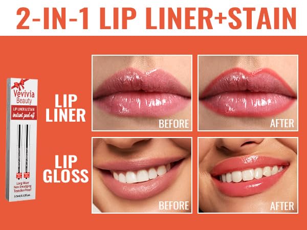 2pcs Lip Stain Peel Off - Lip Liner Stain Long Lasting Waterproof,2-in-1 Lip Liner with Tweezer Nude Matte,Non-Stick Cup,Highly Pigmented，Natural Finish,Stay On All Day,Perfect for Gift (Cocoa+Coffee)