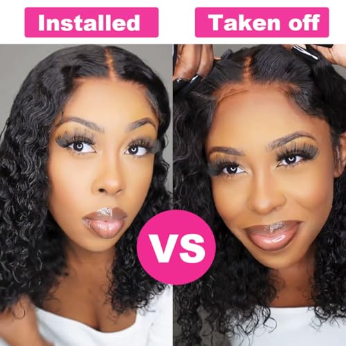 Glueless Wigs Human Hair Pre Plucked Pre Cut Wear and Go Glueless Wig for Beginners Bob Wig Human Hair 180% Density Deep Wave Curly Lace Front Wig 12 Inches Natural Black