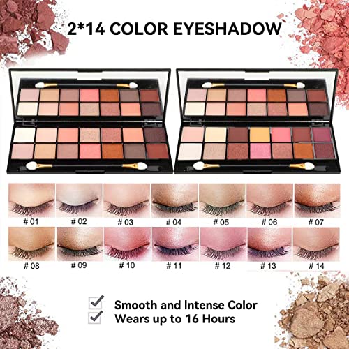 All in One Makeup Gift Set for Women Full Kit for2x14-color eyeshadow palettes,5xlipgloss sets,mascara,eyeliner,eyebrowpowder,eyebrow pencil, foundation, highlighter stick etc