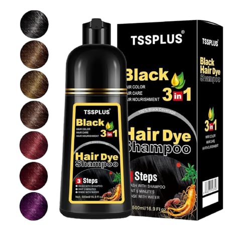 TSSPLUS Black Hair Dye Shampoo, 500ml - Organic Natural Hair Color Dye Shampoo for Women & Men, Instant Gray White Hair Cover, Plant Essence, Semi-Permanent