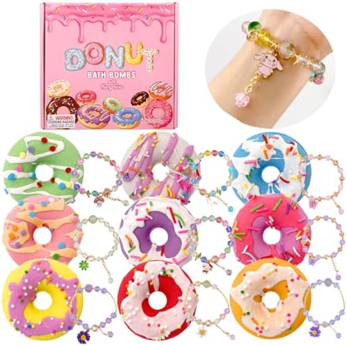 Donut Bath Bombs for Girls, 4oz/Pack of 9 Bath Bombs for Kids with Surprise Inside, Kids Bath Bombs with Jewelry Inside, Bath Bombs for Girl's Birthday Party Favor, Spa Day Gift