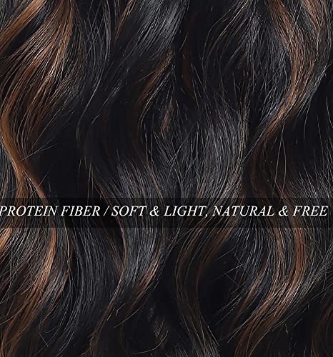 WAVE&BREEZE 14 Inch Black Mixed Brown Highlights Wigs for Women Short Wavy Curly Wig With Bangs Natural Looking Synthetic Hair Wigs Heat Resistant Fiber Wig for Daily Party (Black Mixed Brown)