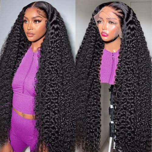 30 Inch Deep Wave Lace Front Wigs Human Hair 13x6 HD Transparent Lace Front Wigs Pre Plucked Deep Curly Human Hair Wigs for Women Deep Wave Frontal Wig with Baby Hair Natural Color