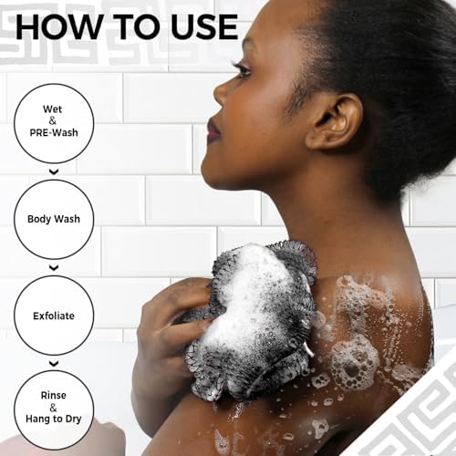 African Exfoliating Net Sponge Black - 2 Pieces Real African Loofah Shower Sponges - Body Scrubber Exfoliating Washcloth Black & Seawave - Africa Bath Sponges for Back Scrubber Shower Accessories