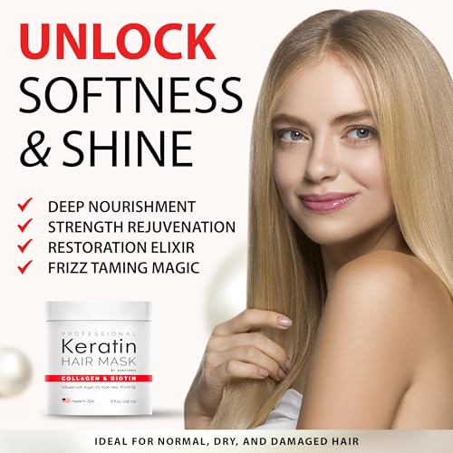 Professional Keratin Hair Mask - Made in USA - Nourishment Treatment for Hair Repair & Beauty - Biotin Collagen Coconut Oil & Pro-Vitamin B5 Protein Mask - Hair Vitamin Complex