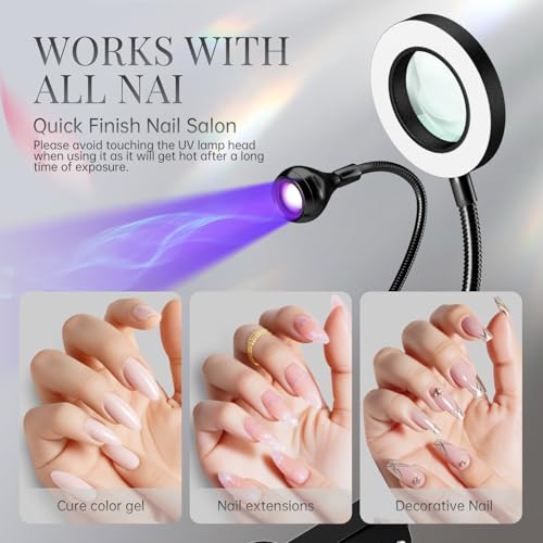 krofaue UV Nail Lamp for Gel X - Flash Cure Lamp Dual-Light Gel X UV Light with 6× Magnifier 4-Levels Brightness Nail Dryer for Regular Polish, Desk Clip Salon-Perfect Manicures at Home Black