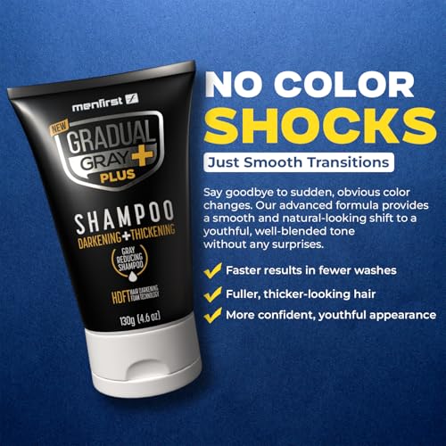 Menfirst - Gradual Gray PLUS Shampoo - Darkening + Thickening - Hair Dye Shampoo, Intense Pigment, Gray Coverage, Natural Finish, Easy 3-Min Application, 4.6 oz