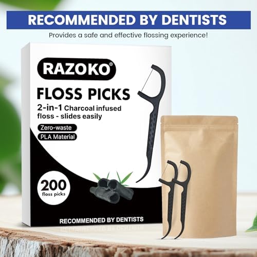 Natural Dental Floss Picks High Toughness Charcoal Toothpicks Sticks-Vegan,Eco-Friendly Sustainable Flossers for Teeth Cleaning (200 Count)