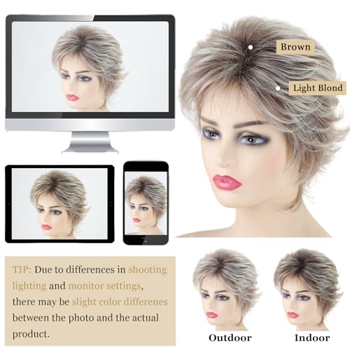 TISHINING Layered Short Blonde Pixie Wigs for White Women Dark Brown Ombre Blonde Pixie Cut Wig with Bangs Synthetic Natural Looking Daily Party Wig