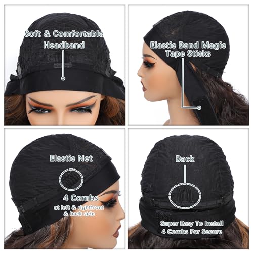 xccoco Long Wavy Headband Wig for Women Black Wigs with Brown Blonde Highlight 200% Denisty Headband Wigs Put On and Go Glueless Wig Long Synthetic Wig for Women Party Daliy Use