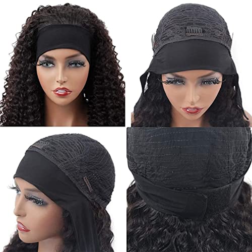 Headband Wig Human Hair Deep Wave 16 Inch Curly Headband Wigs for Black Women Human Hair Glueless None Lace Front Wig Brazilian Virgin Hair Wear and Go Wigs 150% Density Natural Black Color