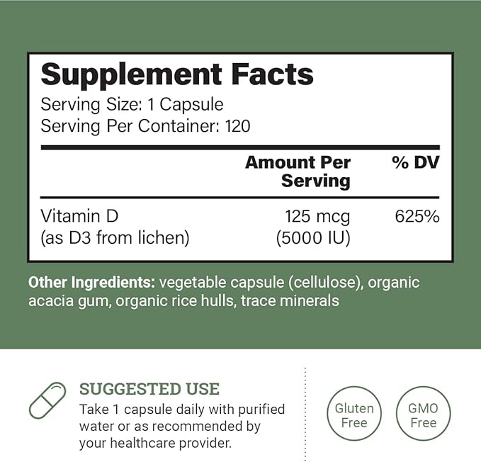 Earth Harmony Vegan Vitamin D3 5000 iu & Organic Lion's Mane 1000mg Supplement - 120 Capsules Each