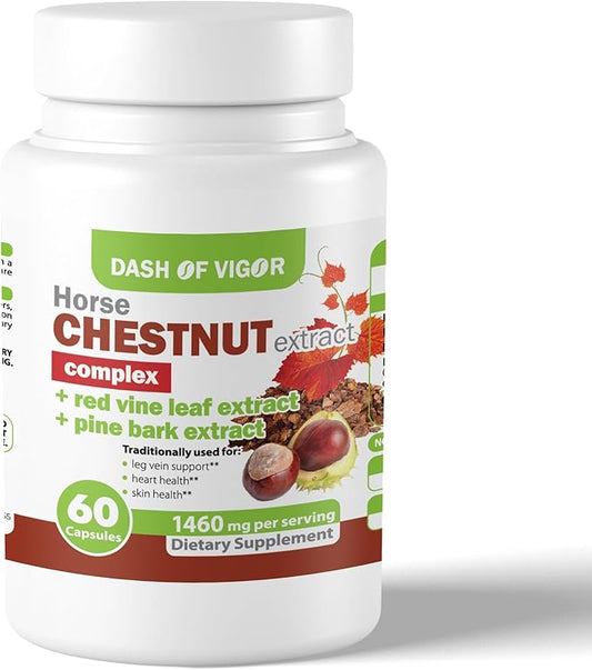 Dash of Vigor 12-in-1 Horse Chestnut Extract Complex, Red Vine Leaf Extract Supplement, Pine Bark, Turmeric, Hawthorn Berry, Ginger, Cayenne Pepper, Chamomile, Leg Vein Support, 1460 mg, 60 Capsules