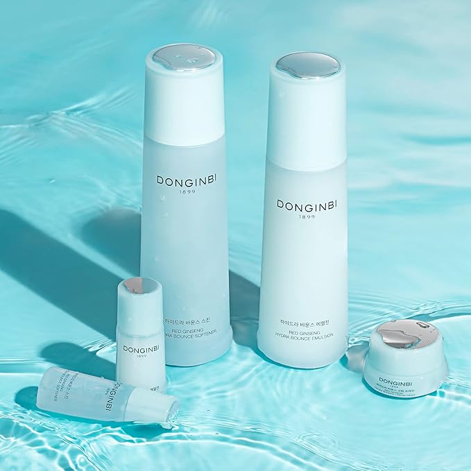 Donginbi Hydra Bounce Skin Care Set - Hydrating Toner(5.07 floz), Korean Red Ginseng Essence(4.4 floz), Firming Cream, and Face Moisturizer with Hyaluronic Acid, Korean Skin Care Gifts for Women