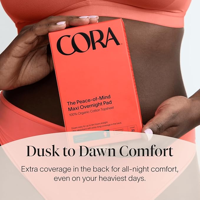 Cora 100% Organic Cotton Topsheet Maxi Pads | Maxi Period Pads with Wings | Maxi Overnight Absorbency | Unscented, Comfortable, Powerfully Absorbent, Leak Protection (24 Count)