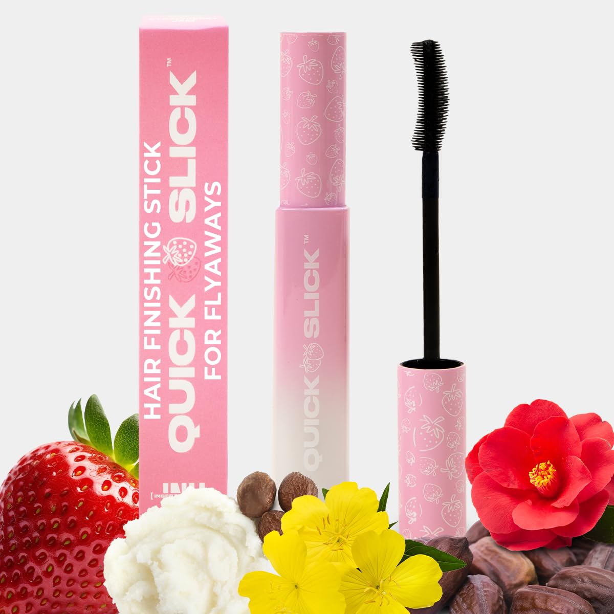 INH Hair Mascara for Flyaways | Quick Slick Hair Finishing Stick for Flyaways, Frizz Control, & Slick Back Look | Non Greasy & Non Comedogenic Smoothing Serum & Frizz Tamer Wand | Strawberry Jam, 18ml