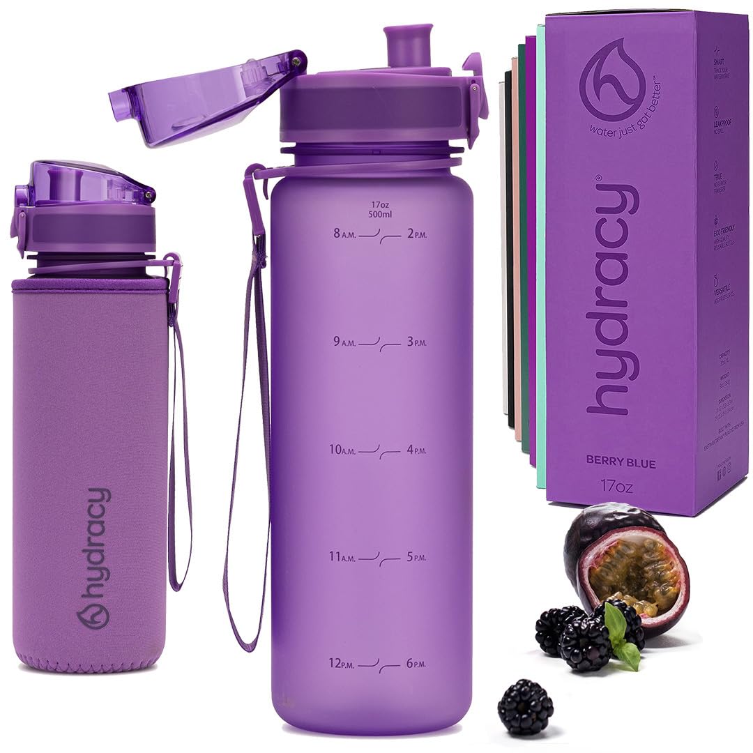 Hydracy Water Bottle with Time Marker - 500 ml 17 oz BPA Free Water Bottle -Leak Proof & No Sweat Gym Bottle with Fruit Infuser Strainer -Ideal Gift for Fitness, Sports & Outdoors - Berry Blue