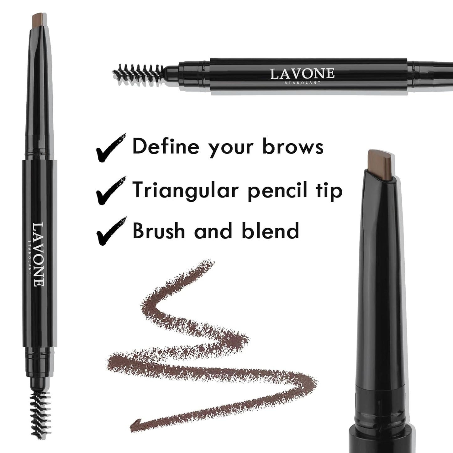 LAVONE Eyebrow Stamp Stencil Kit for Eyebrows, Brow Stamp Trio Kit with Waterproof Eyebrow Pencil, Eyebrow Pomade, 20 Eyebrow Stencils, Dual-ended Eyebrow Brush and Sponge Applicator - Caramel