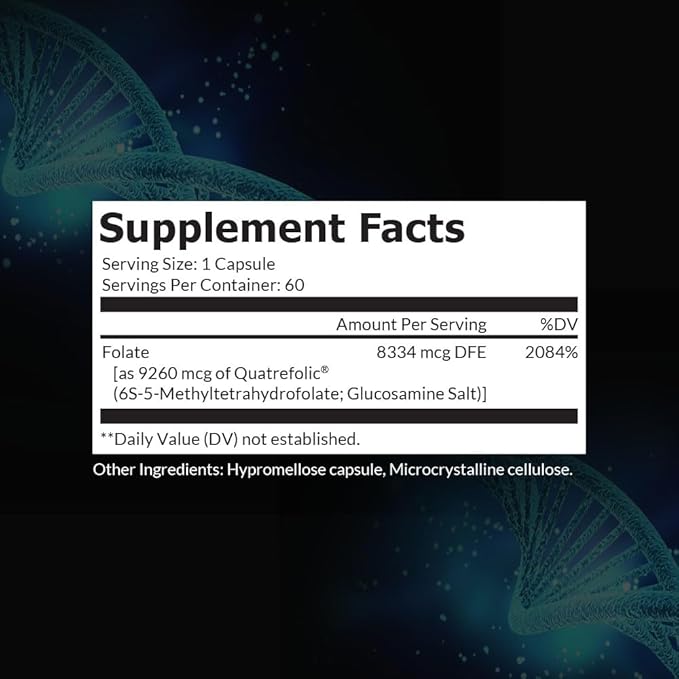 Intelligent Labs 5-MTHF L-5 Methylfolate Supplement Activated Folic Acid Supplement as Quatrefolic - Methyl Folate for MTHFR 60 Capsules - 60 Days Supply, 5mg = 5000mcg Methylfolate