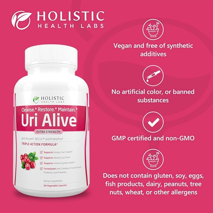 Uri Alive Extra Strength Urinary Support Supplement for Urinary Tract, Bladder, Gut Flora, and Immune System Health (60 Count (Pack of 2))