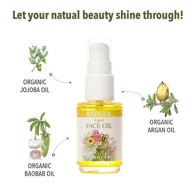 Badger Argan Face Oil, Organic Facial Moisturizer for All Skin Types, Deep Nourishment, Quick Absorption, Moisturizing Facial Oil, 1 fl oz Glass Bottle