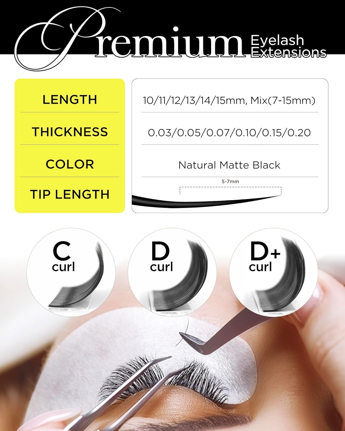 BEYELIAN Classic Volume Lash Extensions, C D D+ Curl 7-15mm 0.03-0.20mm Thickness Matte Black Semi Permanent Volume Eyelash Extensions Professional Salon Use (0.15 D+ 11mm)