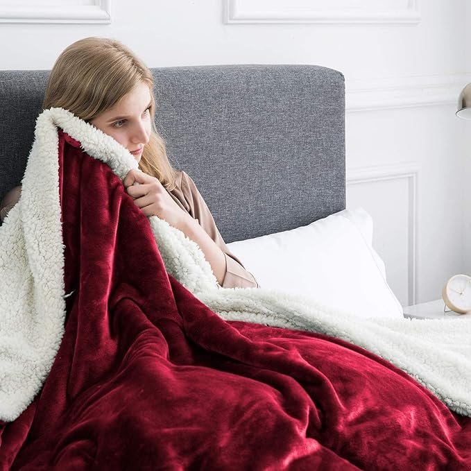 IR Imperial Rooms Sherpa Blankets Queen Size - Thick and Warm Blankets for Winter, Reversible Soft and Fuzzy Fluffy Queen Size Blanket for Bed, Burgundy, 90x90 Inches