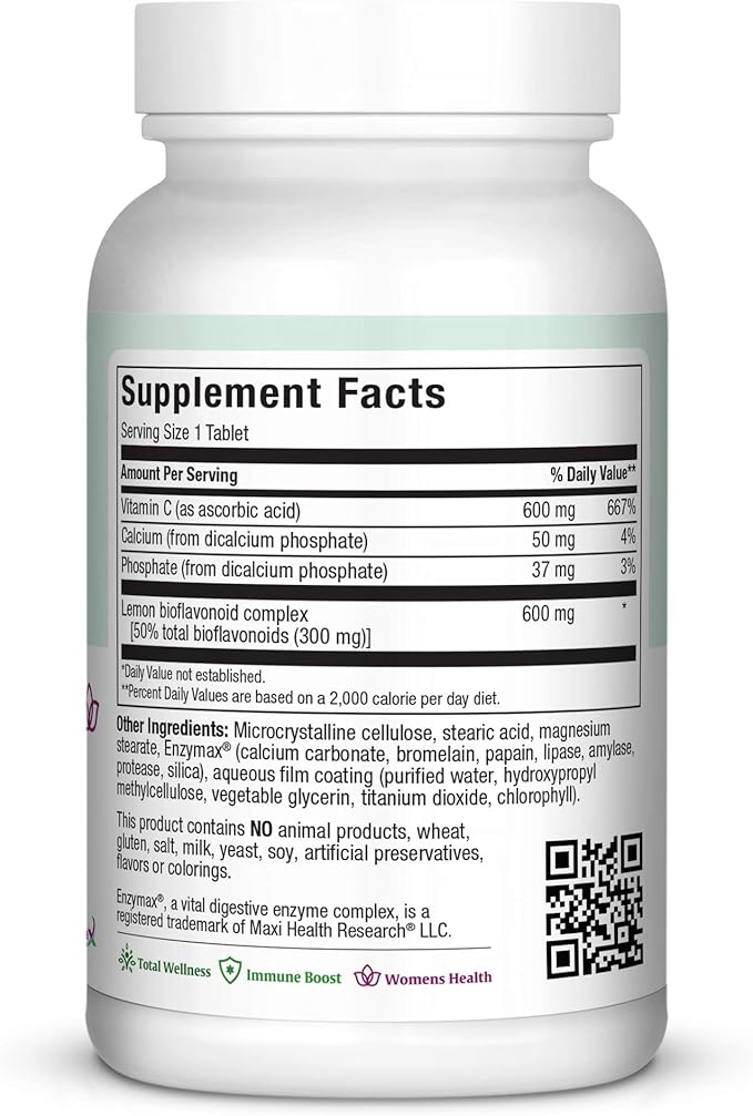 Maxi Health Pure-C-Bio 600 - with Bioflavonoids - Immune & Capillary Support - 90 Tablets - Kosher