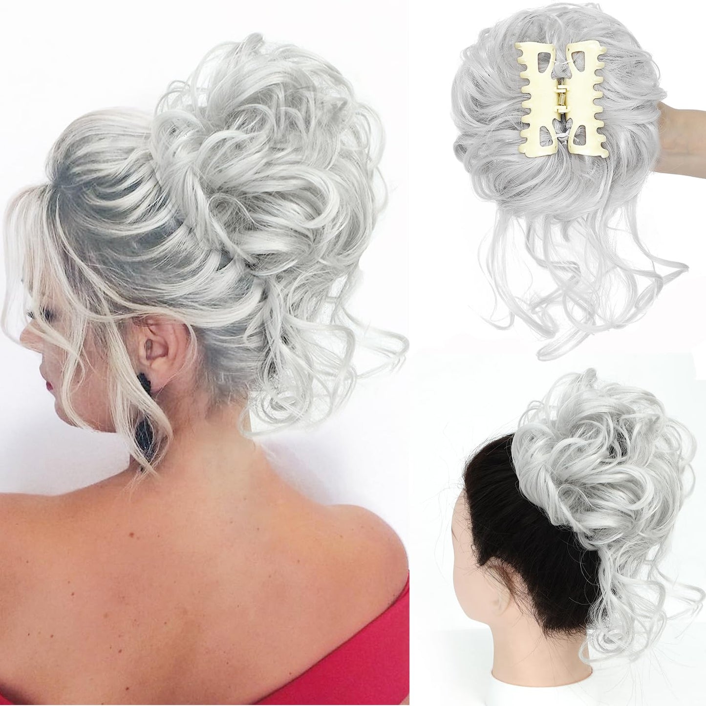MSMUSAS Messy Bun Hair Piece Claw Clip Hair Buns Hair Piece Tousled Updo Messy Bun Scrunchie Long Beard Curly Wavy Hair Bun Extension for Women(Silver Gray)