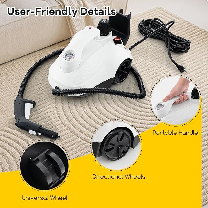 COSTWAY Multi-Purpose Steam Cleaner, Portable Steamer with Trigger Lock, Wheels & 61 OZ Water Tank, 1800W Steam Cleaning Machine for Upholstery, Car, Floor, Grout & Tile, 15 Accessories Included