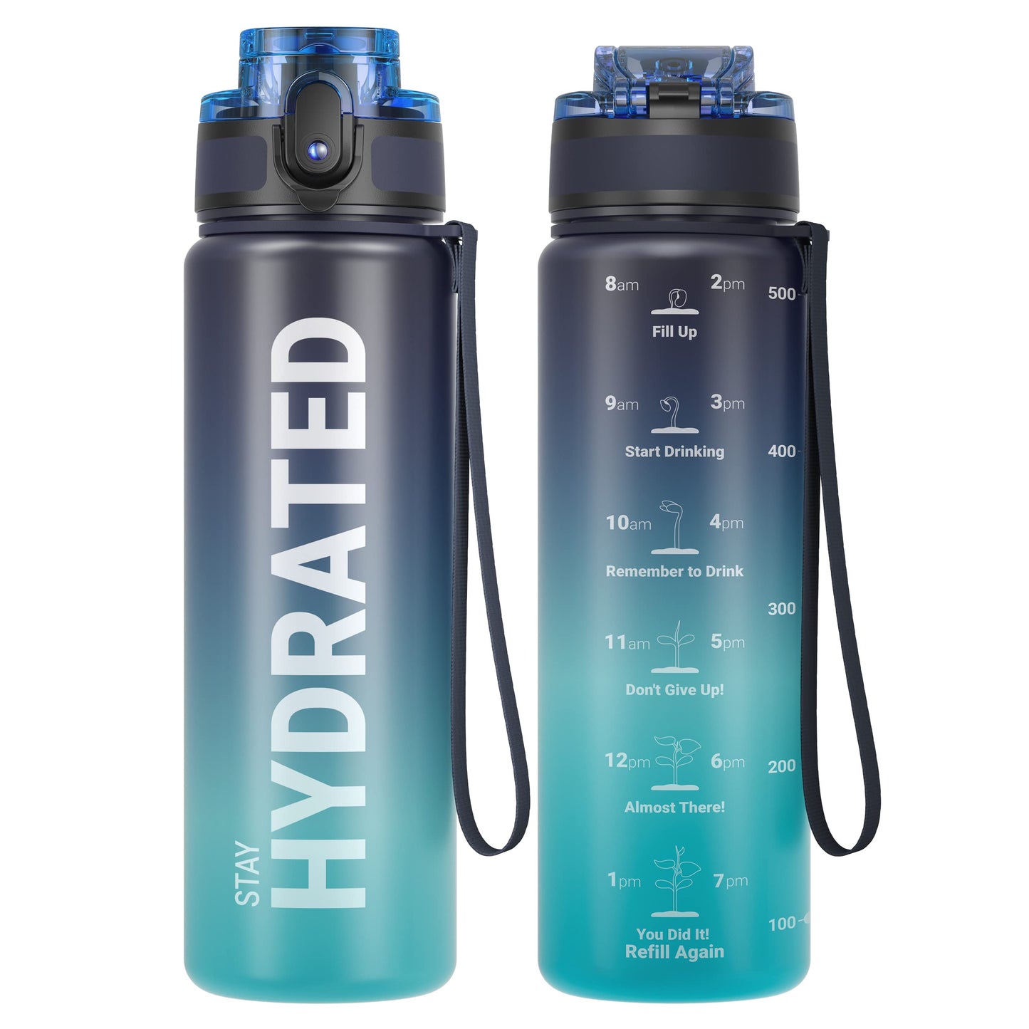 Sahara Sailor Water Bottles, 17oz Motivational Sports Water Bottle with Time Marker - Times to Drink - Tritan, BPA Free, Wide Mouth Leakproof, Fast Flow Technology with Clean Brush (1 Bottle)