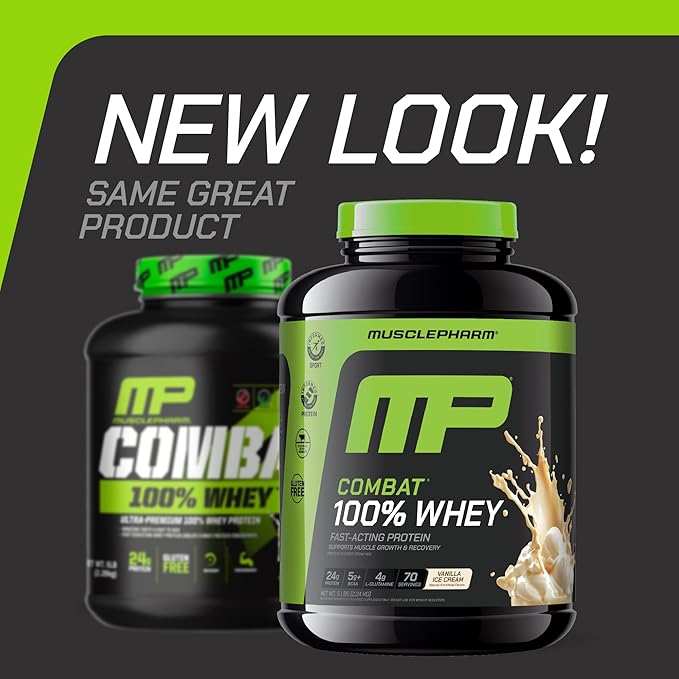 MusclePharm Combat 100% Whey Protein Powder, Vanilla Flavor, Fast Recovery & Muscle Gain with Whey Protein Isolate, High Protein Powder for Women & Men, Gluten Free, 5 lb, 70 Servings
