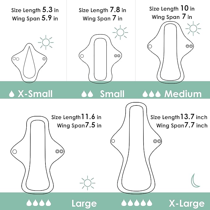 wegreeco 6 Pcs Reusable Menstrual Pads, Ultra Absorbent Cloth Pads for Light/Heavy Flow, Sanitary for Teens, Women, Nonslip Panty Liners + Bag (Aqua, Burgundy, Coffee, L)