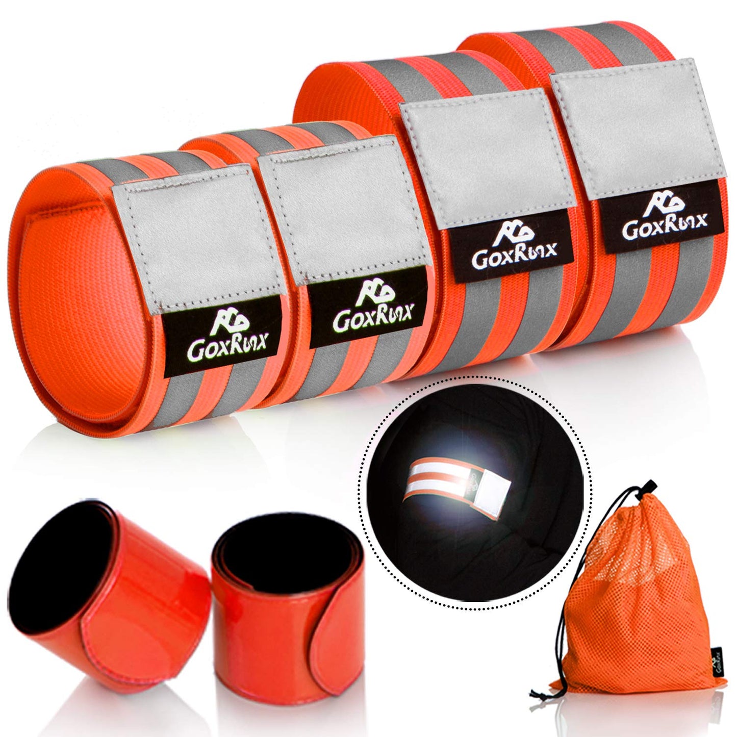GoxRunx 6 Pcs Reflective Bands for Arm/Wrist/Leg, High Visibility Reflective Running Gear Reflectors Armband for Women Men,Safety Reflective Straps Bracelets for Running, Cycling, Walking (Orange)